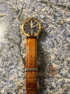 Citizen Two-Tone Gold Case Watch with Blue Dial and Brown Leather Strap